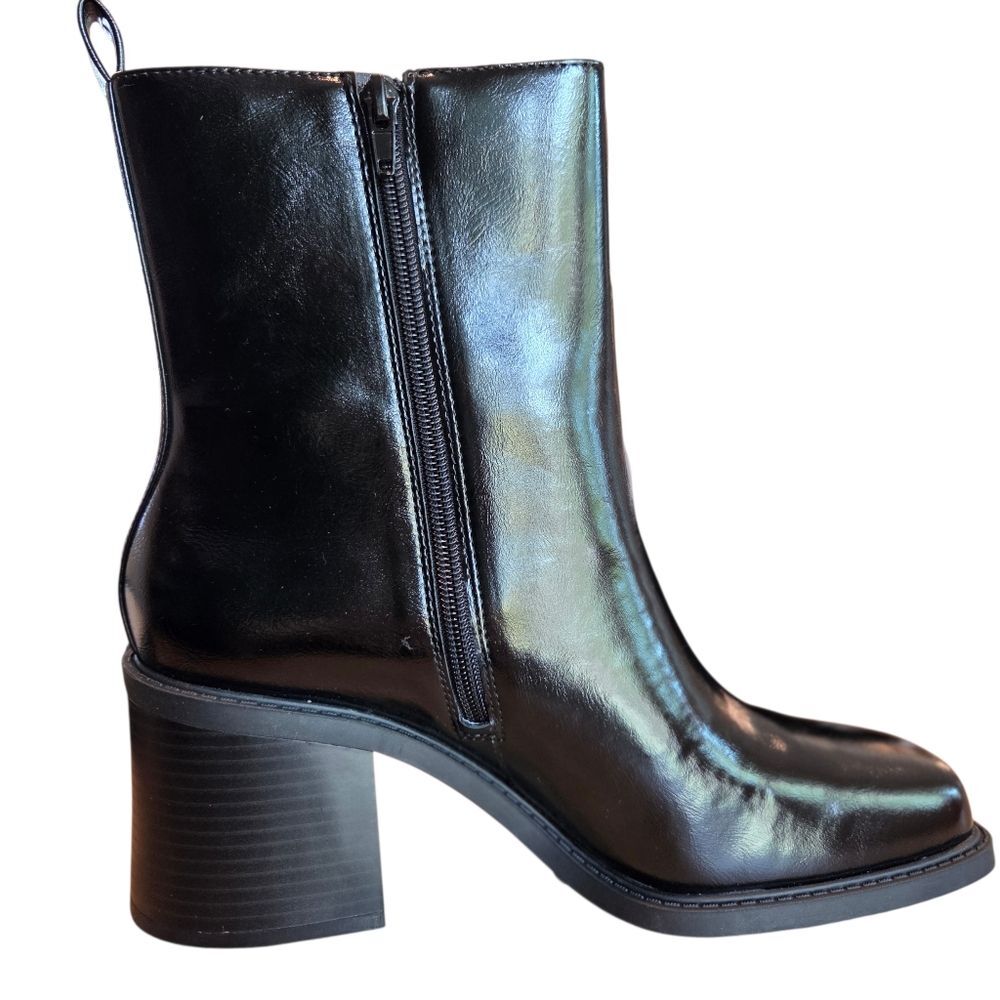 INC Black Square Toe Ankle Boots Block Heel Size 10.5 Minimalist Chic Capsule